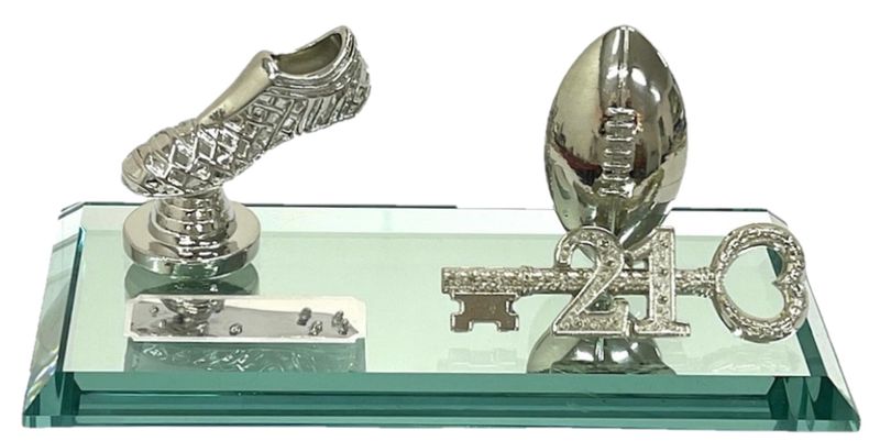 21st Key on Mirror base with Metal Boot and Rugby Ball