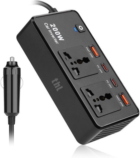 thl 200W Car Power Inverter - 12V to 110V, 24W USB-C, Essential for Travel