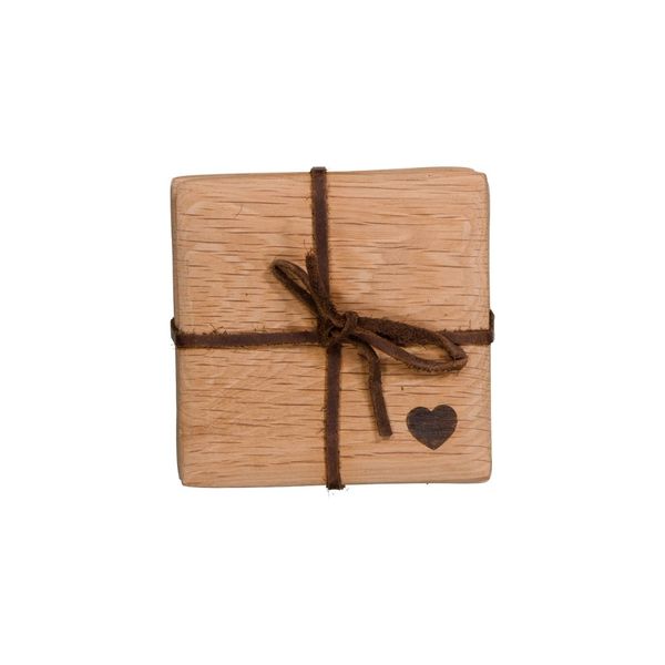 Weathered Oak Square Tapered Edge Coaster Set of 4 with Heart Design