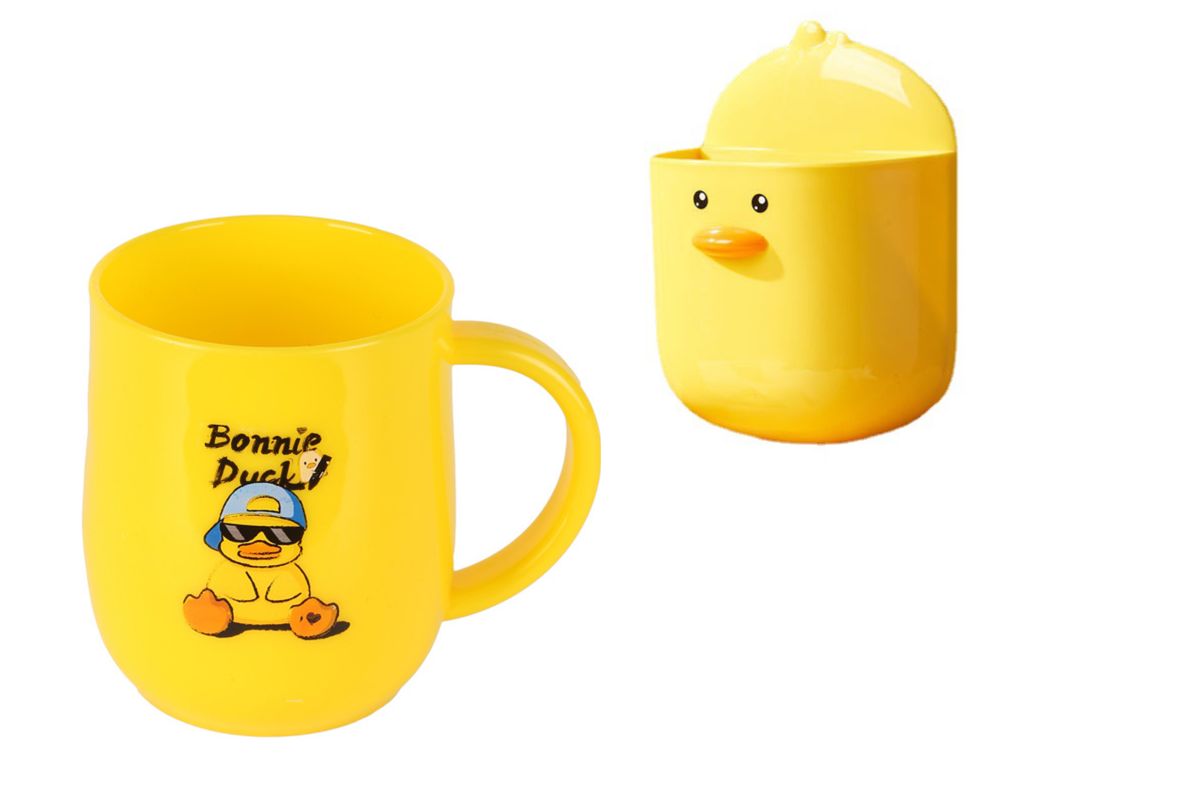 Yellow Duck Toothbrush Holder Cup and Bathroom Toothpaste Rack Wall