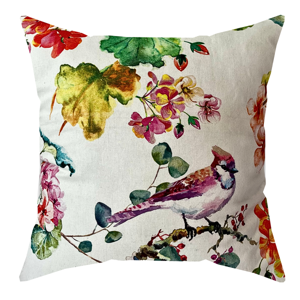 Colorful Pillow/Scatter Cushion with Spring Flowers, Birds (Inner incl.)
