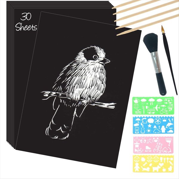 Scratch Paper Art Set 30 Sheets 8x11In Black Coated Scratchboard