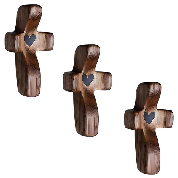 Wooden Cross Fidget-Cross My Heart, Walnut Pocket Crosses for Prayer - 3 Piece