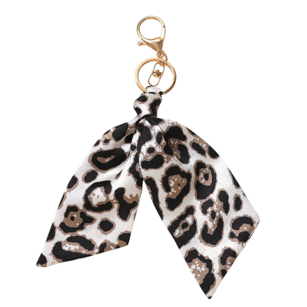 Stylish Satin Bow Keyring With Gold Clasp - Leopard Print