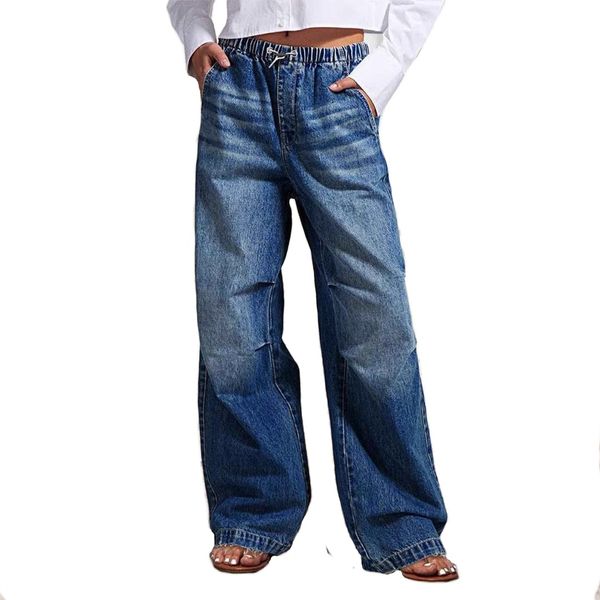 Women's Wide Leg Baggy Jeans Elastic Mid Waist Adjustable Drawstring Denim
