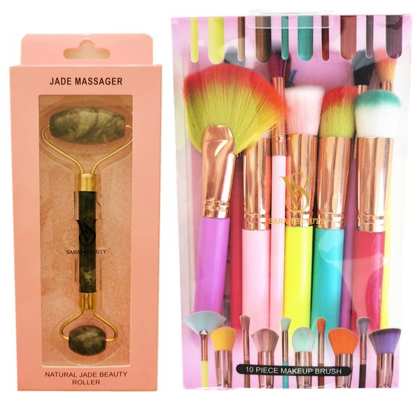 Sarah Beauty Jade Roller &amp; Premium 10 Piece Rainbow Makeup Brushes