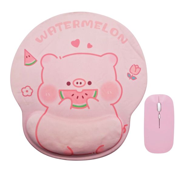 LD Ergonomic Watermelon Piggy Mouse pad and Pink Wireless Mouse