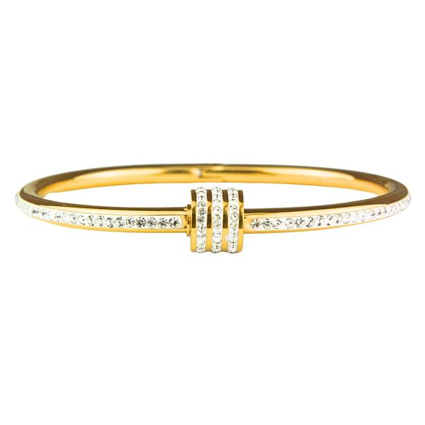 Luxury Plated Bangle With Paved Crystal Accents &amp; White Detail