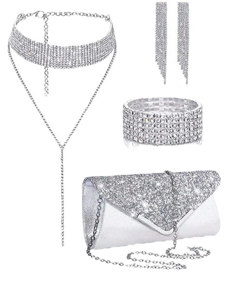 Letode 4 Piece Rhinestone Jewelry Set Shiny Necklace Earrings Bracelet Clutch