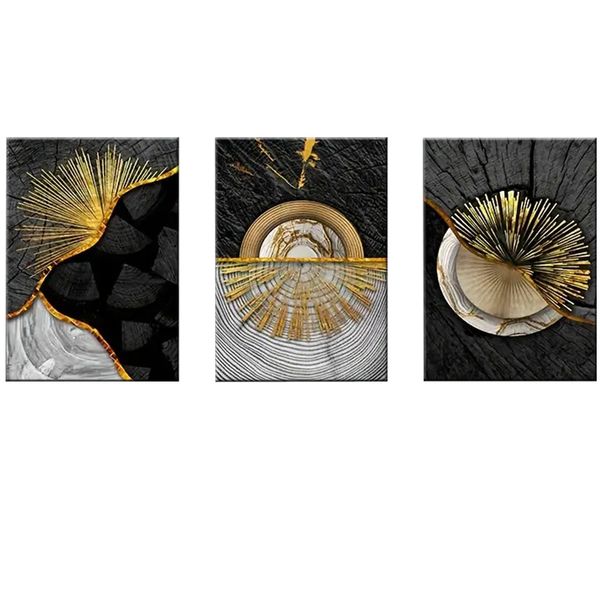 Canvas-Art-3 Pieces Black &amp; Gold Line Circles Abstract Wall Art