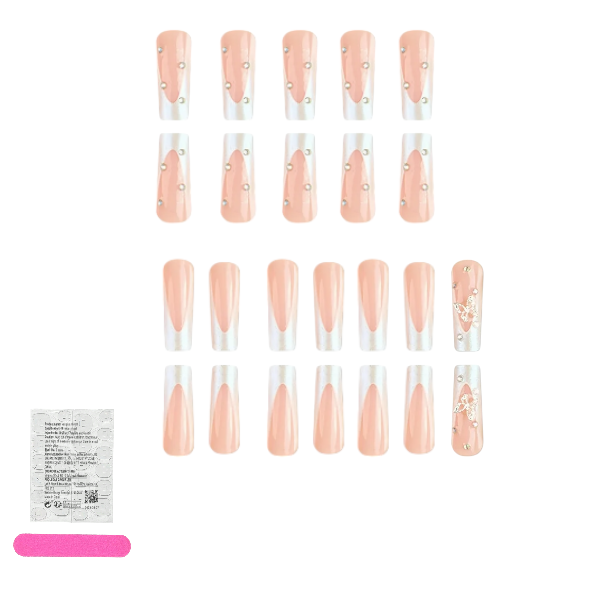 24Pcs French Tip Press-On Nails With Butterfly And Rhinestones- White