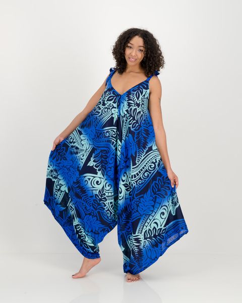 Shoulder Flower Palm Umbrella Jumpsuits - Turquoise