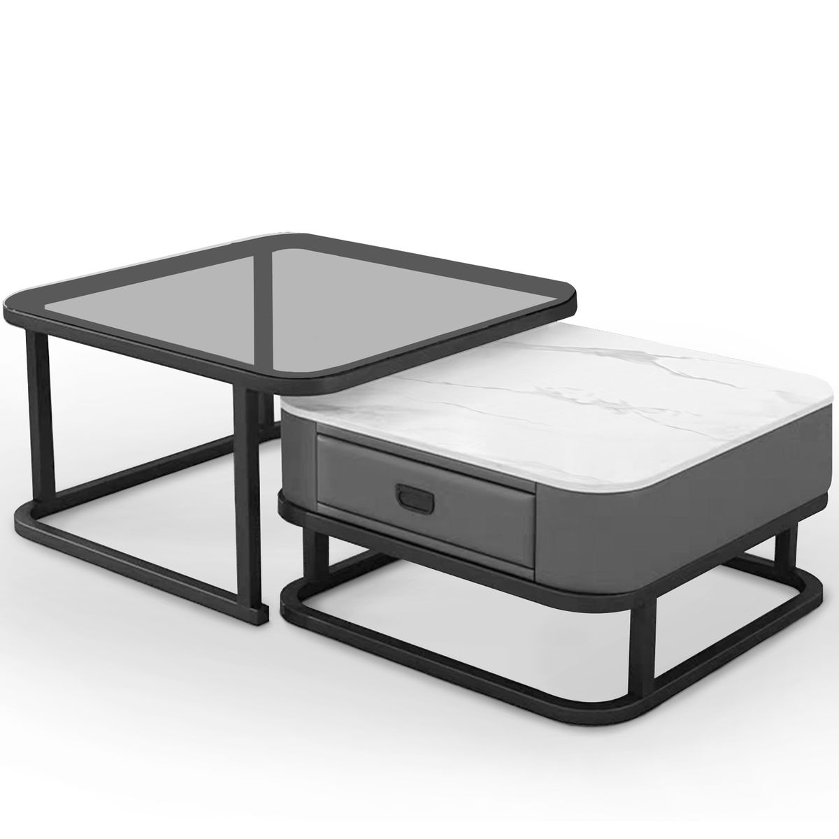Coffee Table Nesting Side Table Tempered Glass & Stone Tabletop