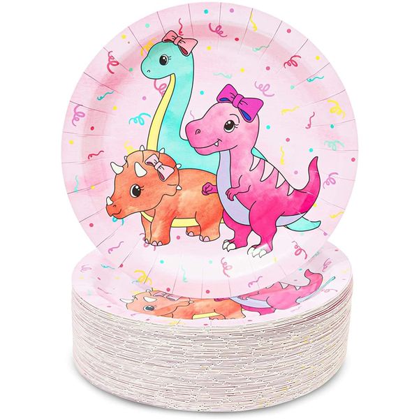 Topika - 80Pack Girl's Dinosaur Paper Plates Colourful Party Supplies