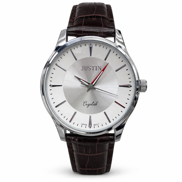 Justin Men's Silver Dial Watch with Brown Leather Strap