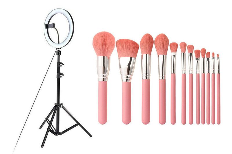 Everglitz LED Light Ring with Tripod and 12pc Pastel Cosmetic Brush Combo