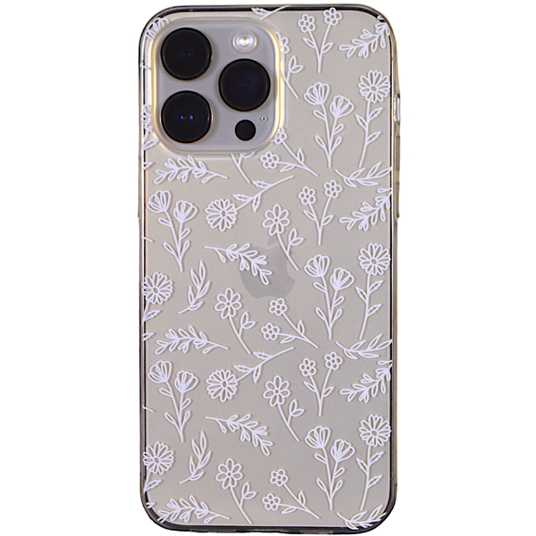Clear - Phone Case with Long White Flower Pattern - Iphone 15 Pro Max