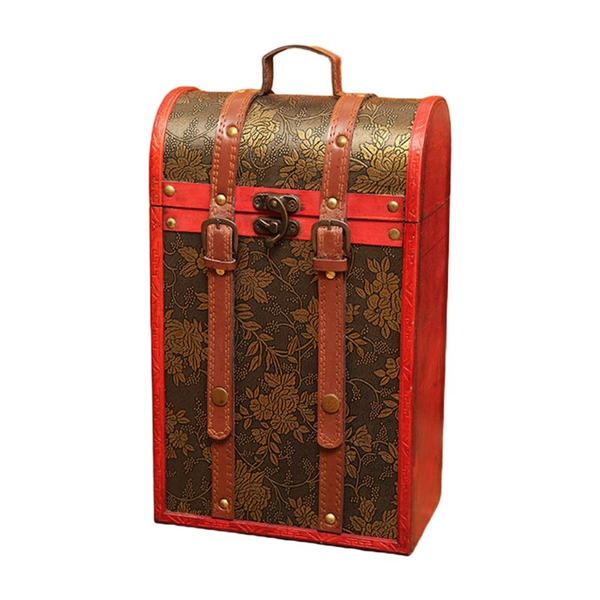 Vintage Wooden Wine Box - Double Bottle Carrier with Leather Handle