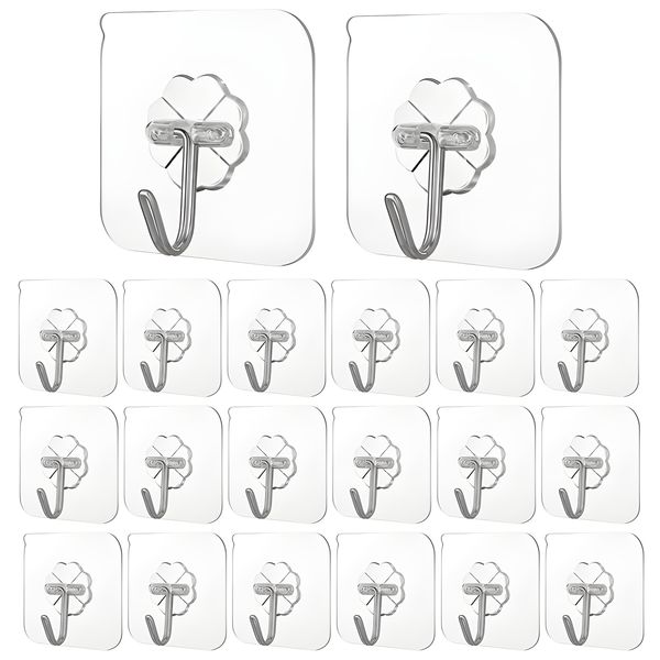 20 Pcs Transparent Adhesive Hooks Sticky Utility Hooks for Bathroom Kitchen