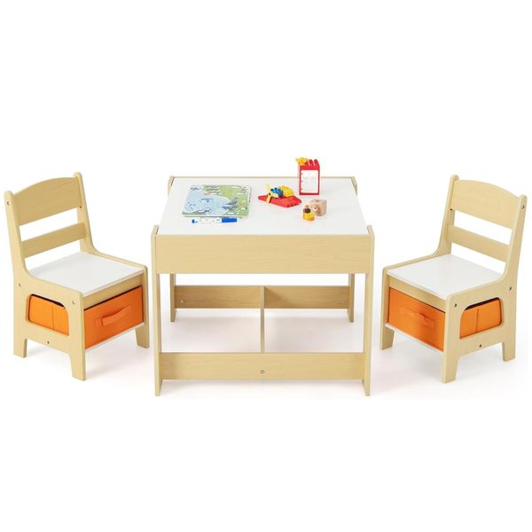 Kids Table and Chair Set, 3 in 1 Wooden Activity Table with Storage Drawer