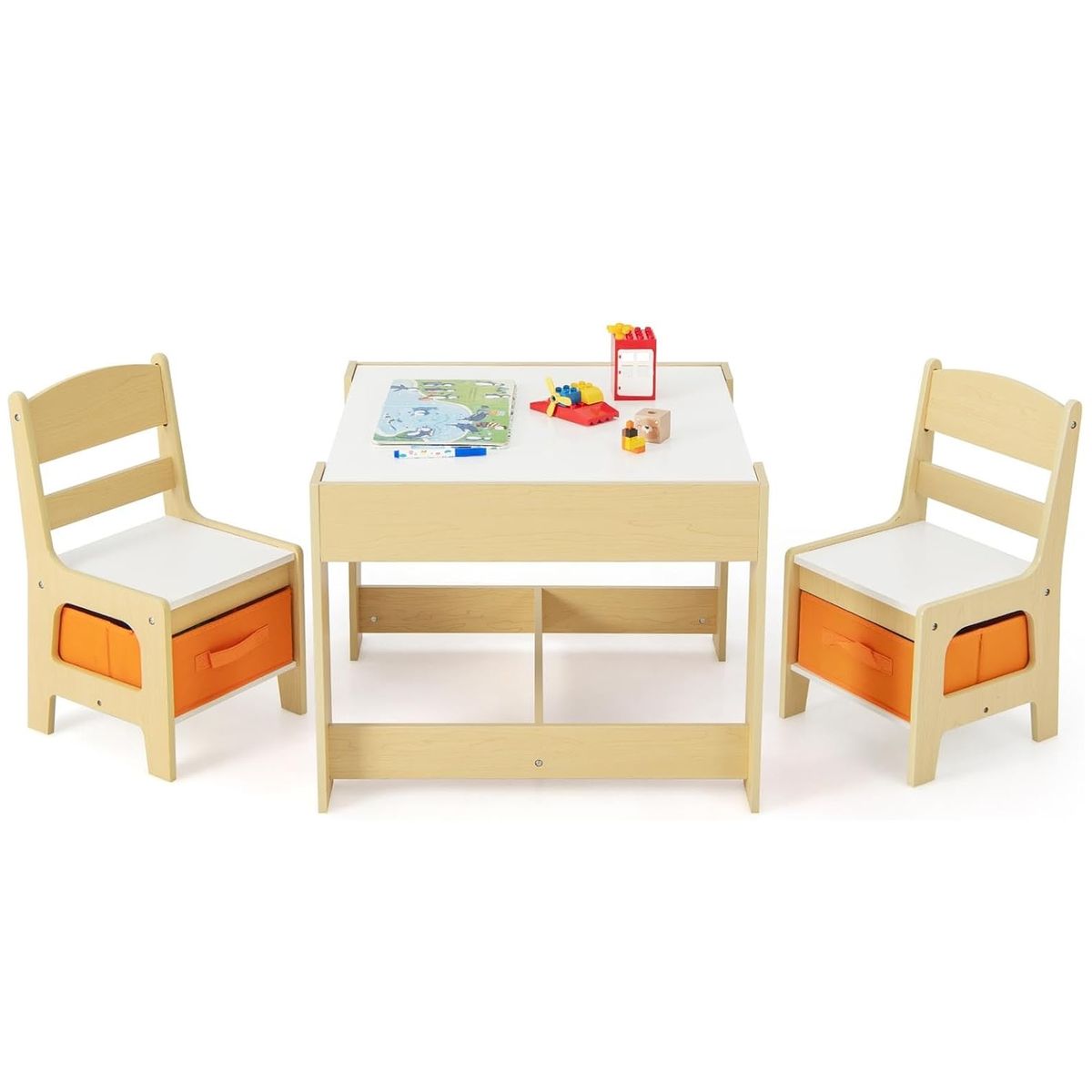 Kids Table and Chair Set, 3 in 1 Wooden Activity Table with Storage Drawer