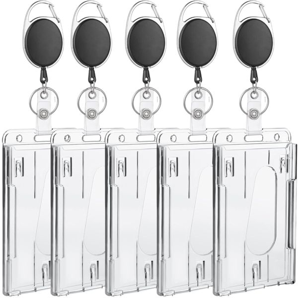 5 Pack Badge Holders ID Card Protector with Retractable Hook and Thumb Slot