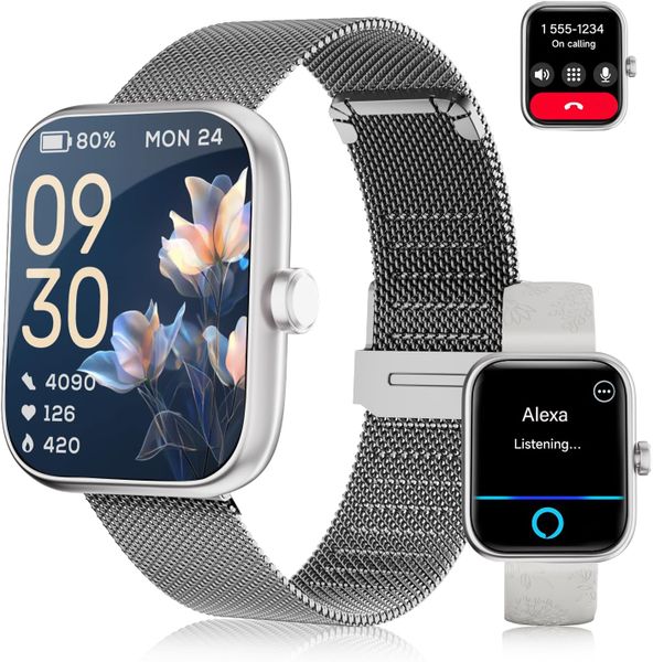 E T Easytao Alexa Smart Watch Men &amp; Women Fitness IP68 Waterproof -Silver