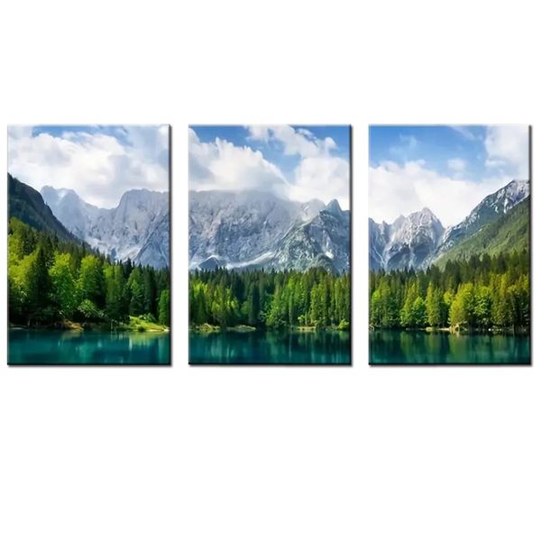 Canvas-Art- 3 Pieces Blue Mountain Emerald Forest Lake Wall Art