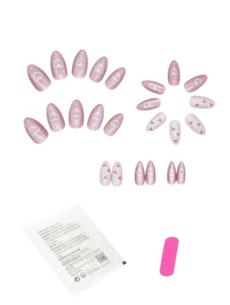 24 Piece - Pink Glitter &amp; Heart Design Almond Press-On Nails Set