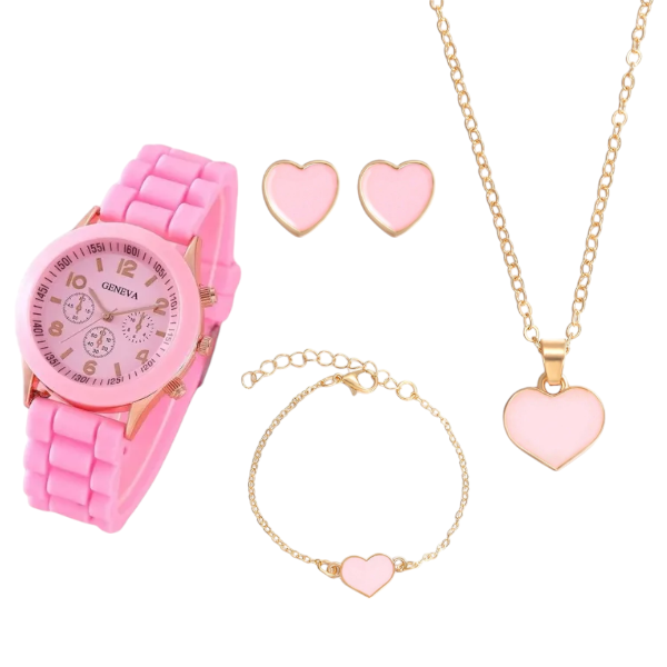 4-Piece Vibrant Kids Watch And Jewelry Set - Bright Pink