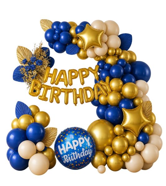 Blue and Gold Happy Birthday Balloon Garland Kit 70 Piece