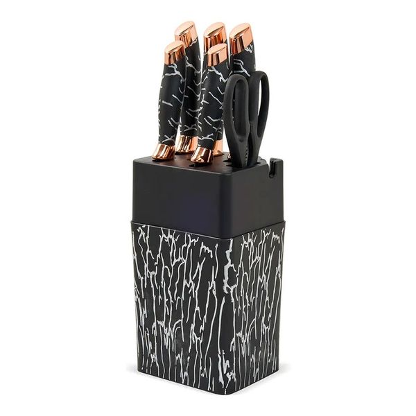 Modern Marble-Effect Knife Block Set with Rose Gold Accents