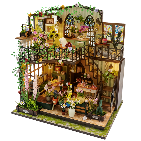 Flower House Miniature Dollhouse Puzzles Kit With Furnitures &amp; Light