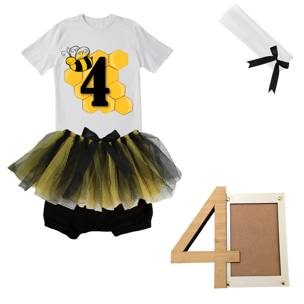 4th Birthday-Bee Tutu Outfit With Headband And Photo Frame / 4