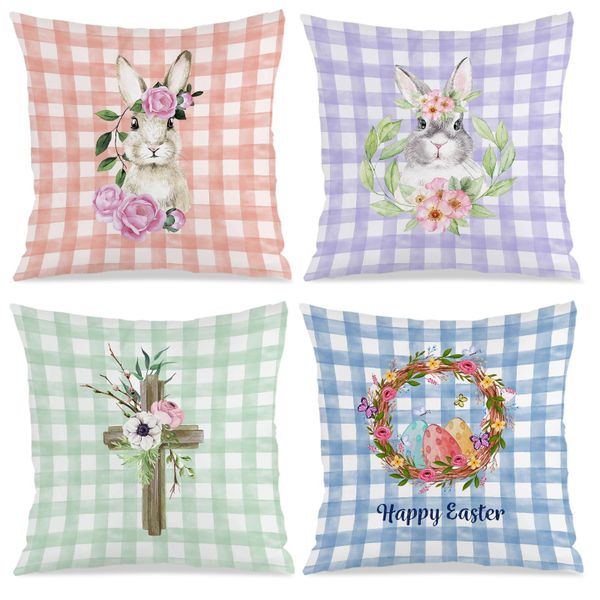 Set of 4 Checkered Easter Cushion Cover, 45x45cm Washable Bed Pillow Covers