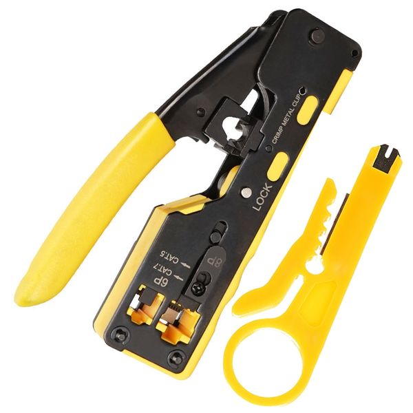 RJ45 Crimping Tool For Pass-Through Connectors With Extra Wire Stripper