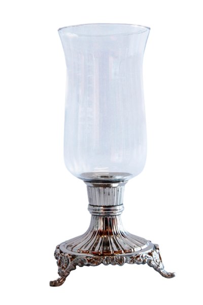 Glass Hurricane Candle Holder with 3 Legs - Silver Plated