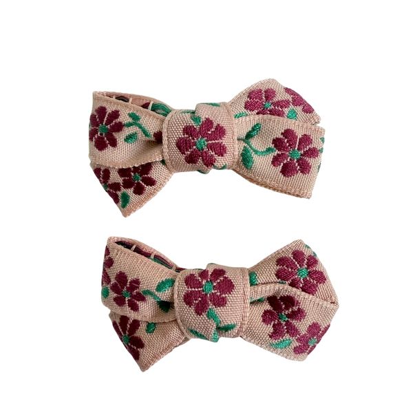 Pink &amp; Red Embroidered Bow Hair Clip Cute Floral Style - Set of 2