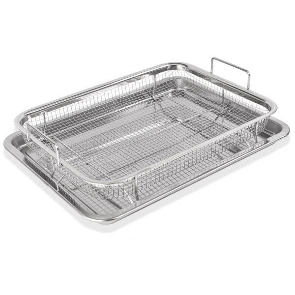 BBQ Grill Basket, Stainless Steel Grill Basket with Handle and Base Tray
