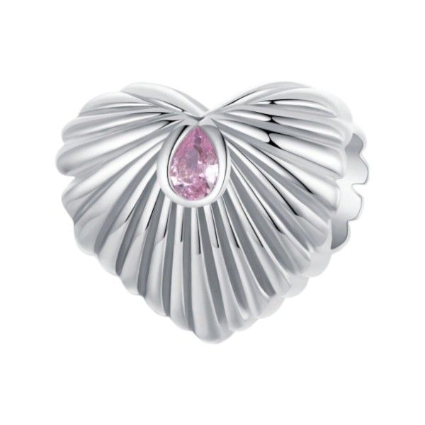 Shell-Inspired S925 Heart Charm With Pink Zirconia Stone - Silver