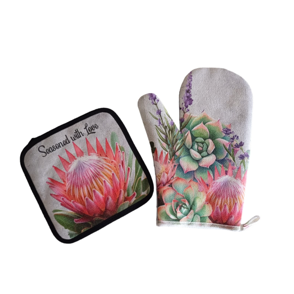 Printed Oven Glove &amp; Pot Holder - Protea &amp; Succulent - Seasond with Love
