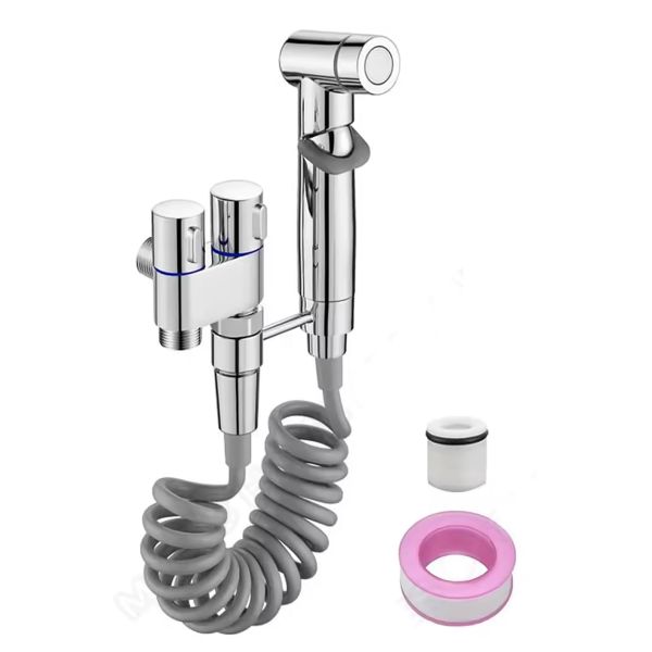 Alloy Handheld Toilet Nozzle With Dual Outlet Faucet-Silver &amp; Black