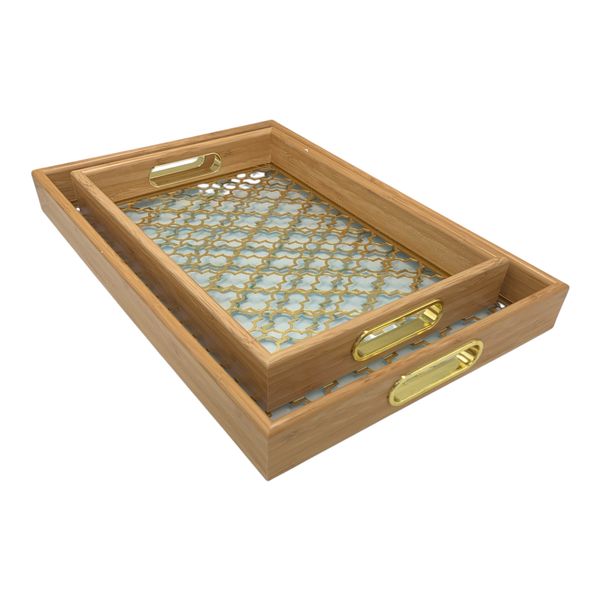 Tray Set 2-Piece Rectangular Gold Pattern Design With Glass Bottom Base