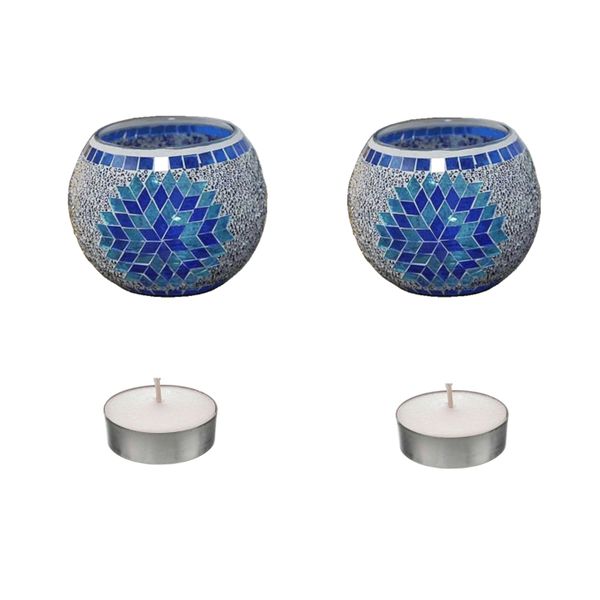 Mosaic Glass Candle Holder Blue Home Decor with Tea Light Candles