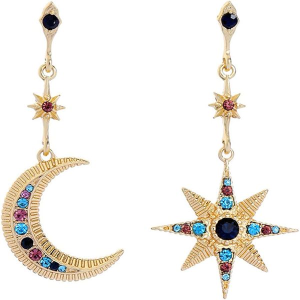 Star And Moon Asymmetrical Earrings (RE-10115-CRE)