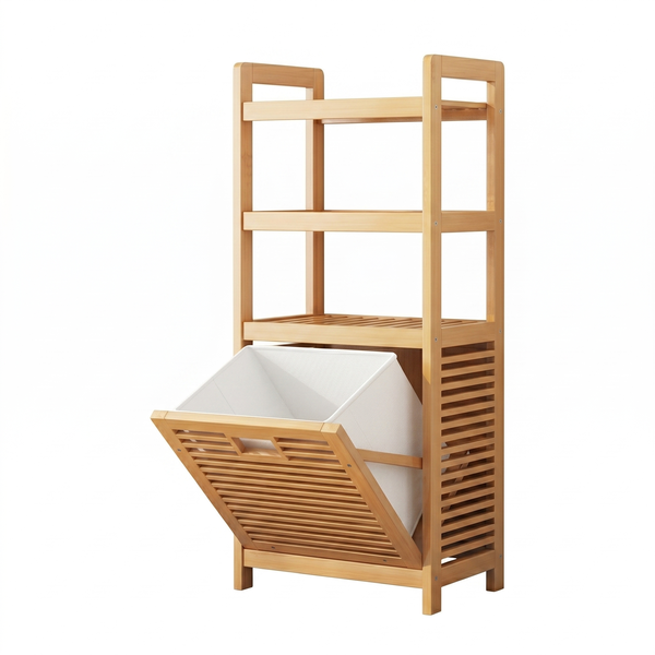 Bamboo Laundry Storage Cabinet with Tilt Out Hamper Shelf Organizer
