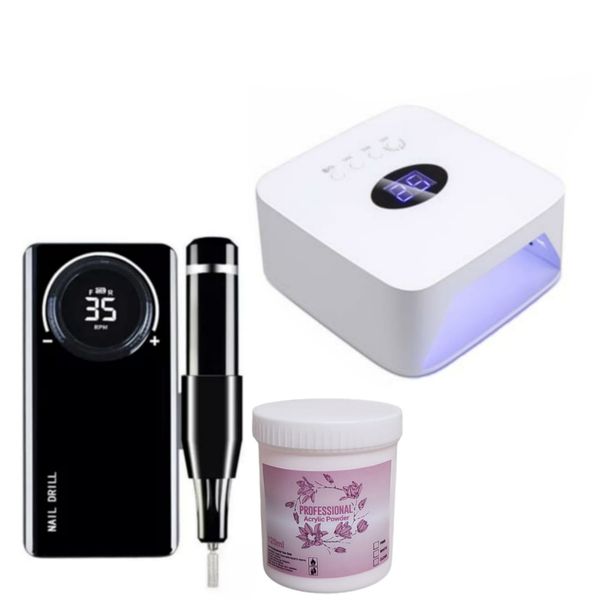 35000 RPM Portable Nail Drill Machine + 54W Cordless UV Lamp + Powder