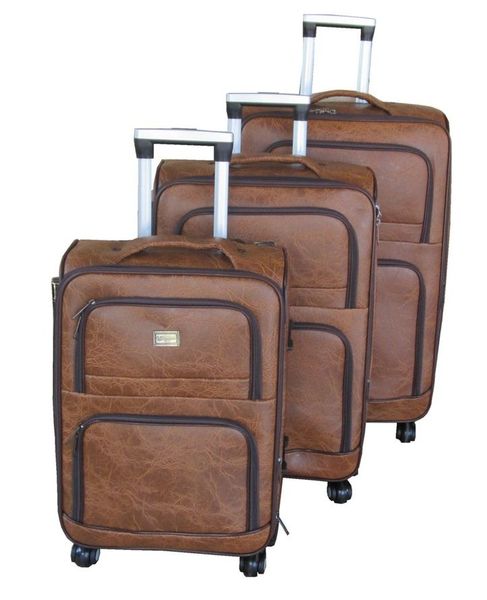 3-Piece Soft-Sided Faux Leather Luggage Set - Brown, Spinner Wheels, Lock