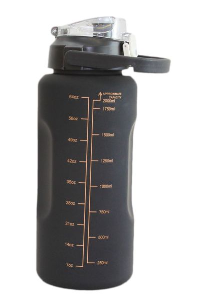 Motivational 2L Water Bottle Set Lockable Lid with Silicone Straw in Black