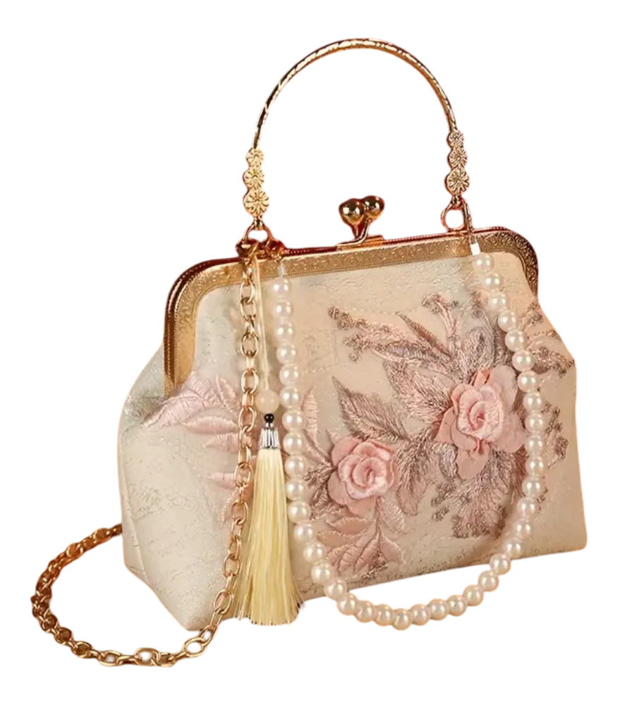 Women Clutch White-Pink Flower Pearl Purse Office Party Shoulder Handbag